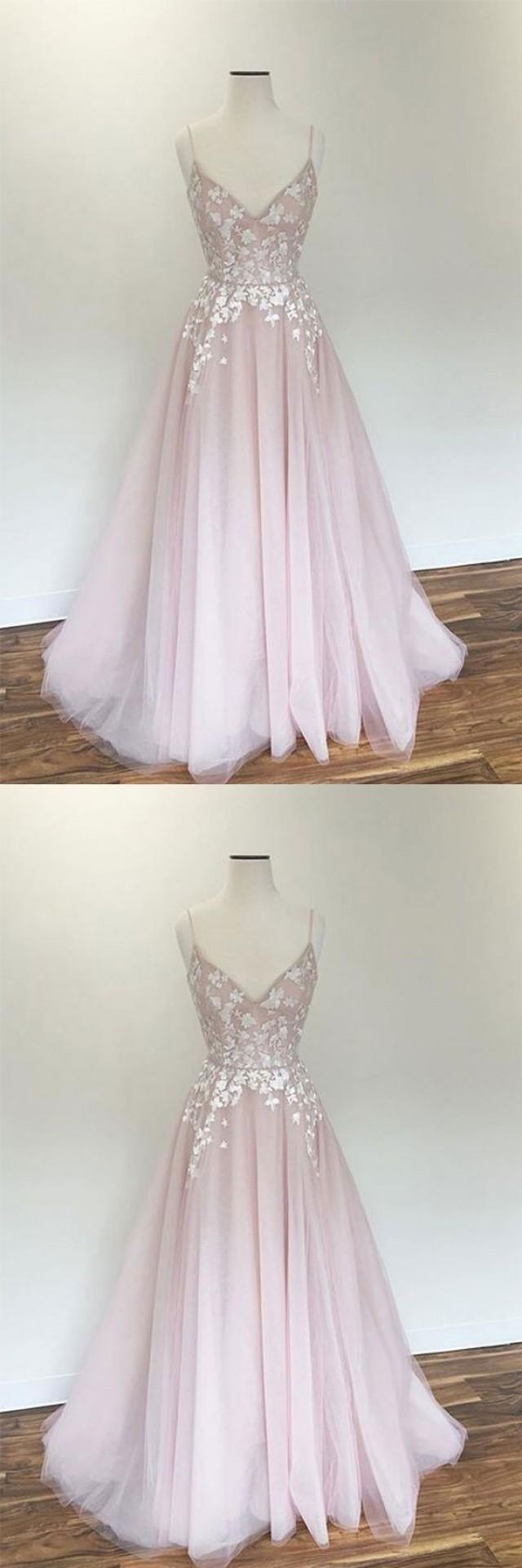 Light Pink V Neck Tulle Applique Long Prom Dress, Pink Evening Dress