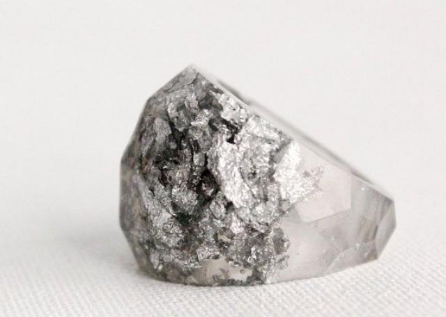 Eco Resin Multifaceted Translucent Grey Ring With Metallic Silver Flakes ($30.00) - Svpply 