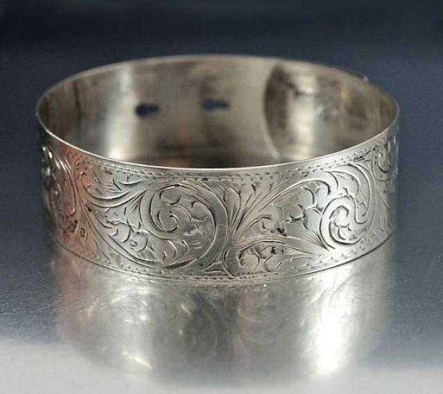 Victorian Engraved Sterling Silver Bangle Bracelet English Antique Jewelry Wide Vintage