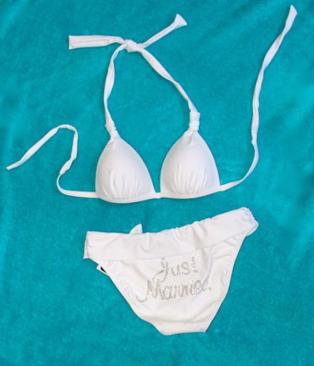 Just Married Or Bride Rhinestone WHITE Bridal Swimsuit, Bikini Honeymoon- White FoldOver Bottom & Padded Bralette Top With Ring