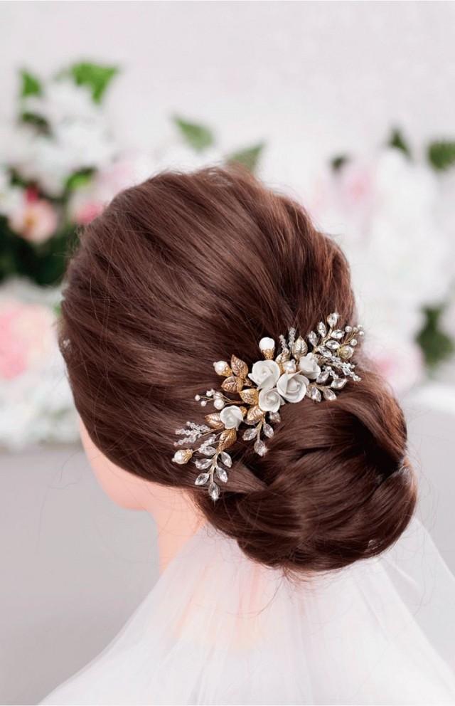 wedding photo - XANTHE White Or Ivory Rose Flower Gold Leaf Bridal Hair Comb