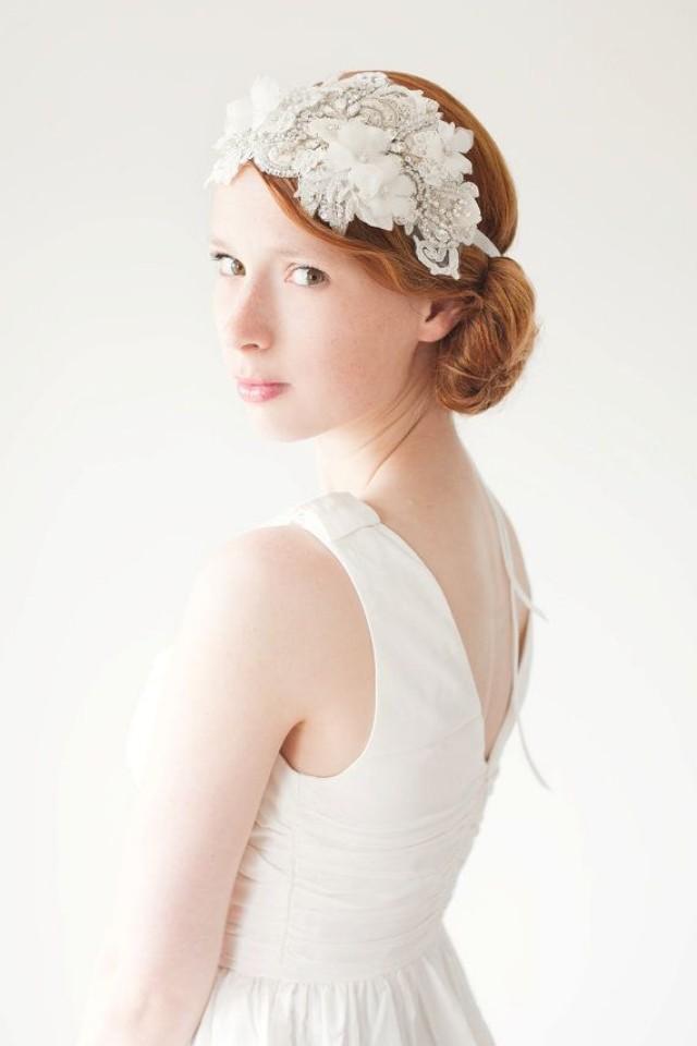 Lace Flapper Bridal Headband, Ivory Wedding Headpiece, Crystal Headpiece, Statement Bridal Headpiece, Rhinestone Headband - Heart Whispers