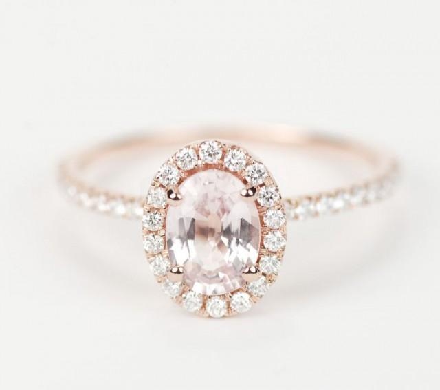 Lovely Engagement Ring :) Peach Pink Champagne Oval Sapphire Diamond Halo Engagement Ring 14K Rose Gold 