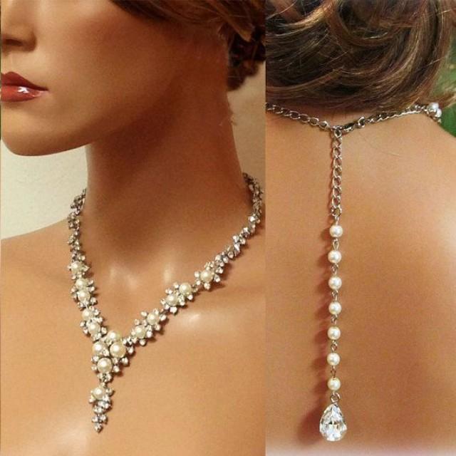 Bridal Necklace Earrings , Bridal Back Drop Necklace , Vintage Inspired Rhinestone Pearl Bridal Statement, Bridesmaid Jewelry 