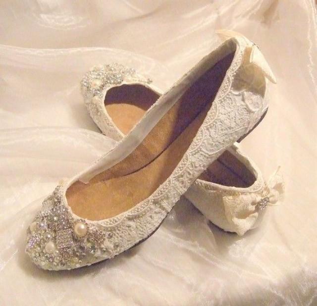 Wedding Ballet Flats ... Vintage Lace Bridal Shoes .Twinkle Toes Wedding Shoes . Crystal And Pearls. Wide Fit Available .Vintage Bride