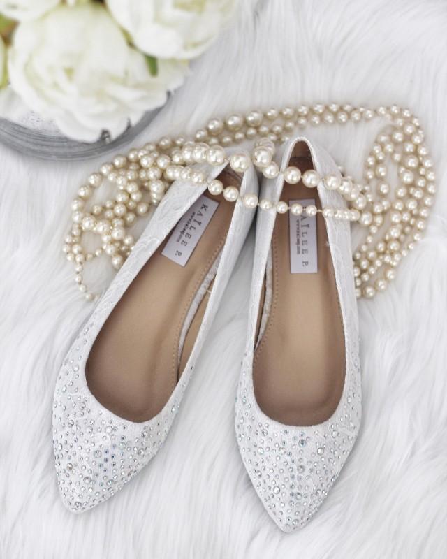 wedding photo - Women Wedding Lace Shoes, Bridesmaid Shoes - WHITE LACE Pointy Toe ballet flats with scattered rhinestones - Bridal shoes