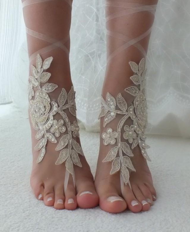 wedding photo - Champagne lace barefoot sandals wedding barefoot Flexible wrist lace sandals Beach wedding barefoot sandals beach Wedding sandals Bridal