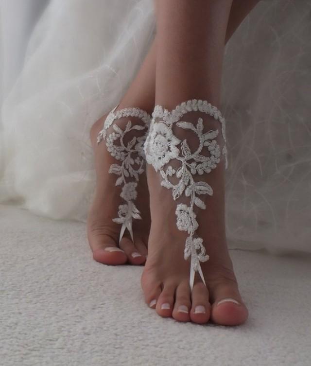 wedding photo - EXPRESS SHIPPING Beach Wedding Barefoot Sandals ivory silver lace barefoot sandals beach shoes Bridesmaid Bridal Accessories Bridal Anklets