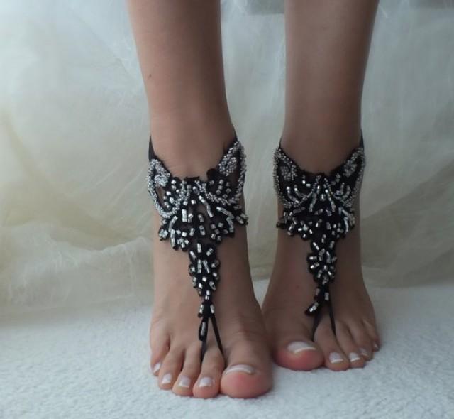wedding photo - black silver french lace gothic barefoot sandals wedding prom party steampunk burlesque vampire bangle beach anklets bridal Shoes footles