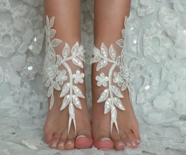 wedding photo - Beach Wedding Barefoot Sandals ivory lace beach shoes Bridesmaids Gift Bridal Jewelry Wedding Shoes Bangle Bridal Accessories Bridal Anklets