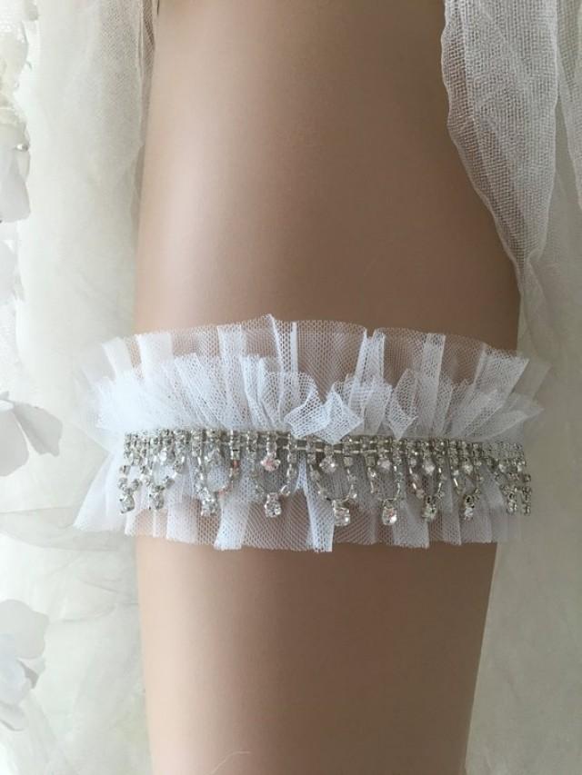 wedding photo - Bridal lace garter, ivory tulle rhinestone wedding garter, Garter, White garter, pearl garter, Rustic Garter,