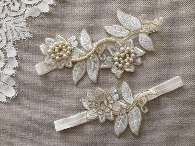 wedding photo - İvory gold Bridal lace garter, Pearl wedding garter, Bridasl Gift Garter set, ivory garter, pearl garter, Rustic Garter,