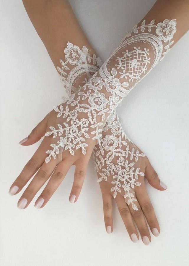 wedding photo - Ivory Wedding Gloves, Long Ivory lace gloves, Handmade gloves, Ivory bride glove bridal gloves lace gloves fingerless gloves