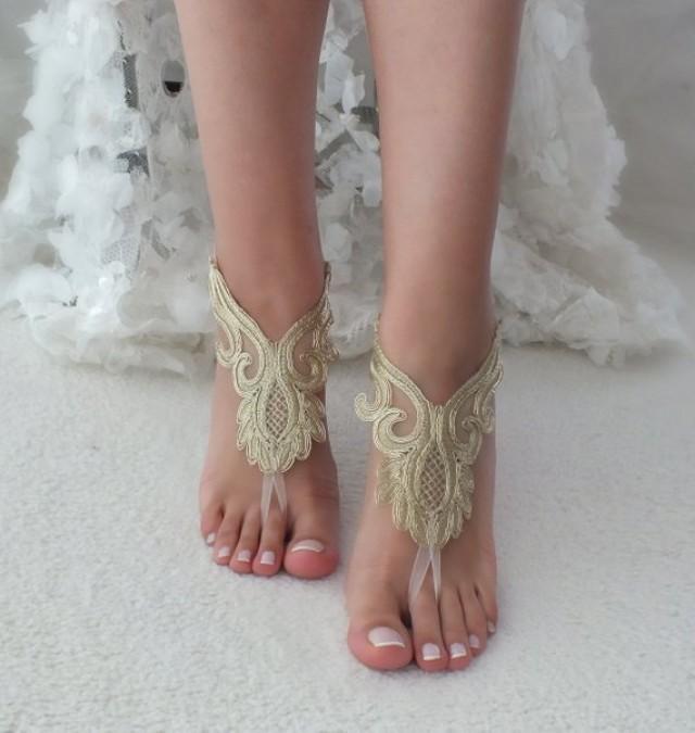 wedding photo - Gold lace barefoot sandals wedding barefoot Flexible wrist lace sandals Beach wedding barefoot sandals beach Wedding sandals Bridal