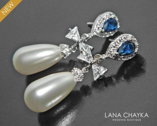 Pearl Bridal Earrings, Swarovski White Teardrop Pearl Earrings, Pearl Bow Dangle Earrings, White Pearl Navy Blue Earrings, Wedding Earrings