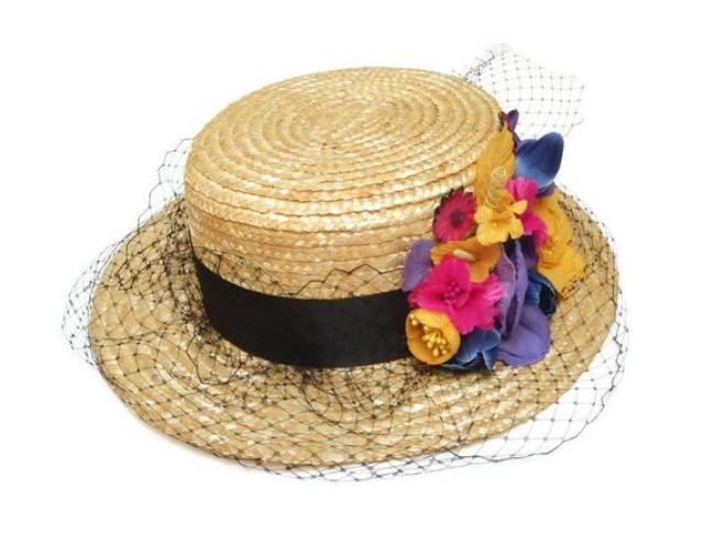 wedding photo - Boater hat. Straw hat. Flower boater hat. Raffia hat. Spring hat. Summer hat. Wedding hat. Bridal hat. Flower fascinator. Tea party hat.