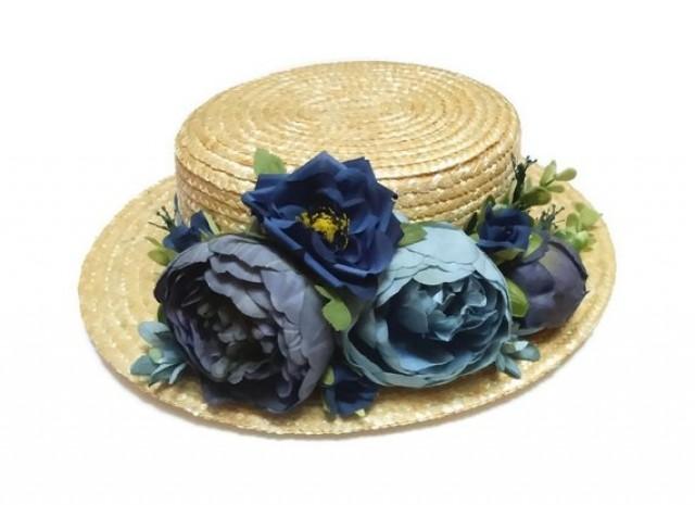wedding photo - Boater hat. Straw hat. Flower boater hat. Raffia hat. Spring hat. Summer hat. Wedding hat. Bridal hat. Flower fascinator. Tea party hat.