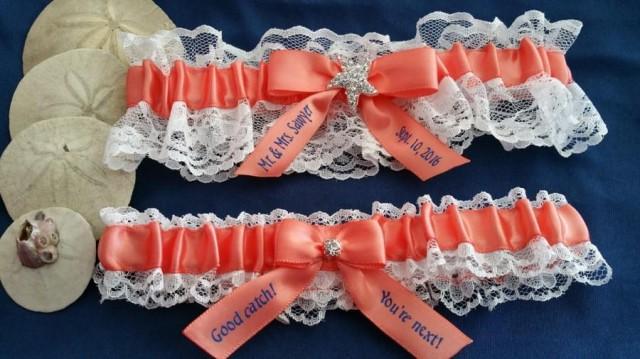 wedding photo - Ivory Lace garter set, light coral satin, Star fish Rhinestone, personalized satin, Bridal garter, Beach wedding, Custom garter set #2520507