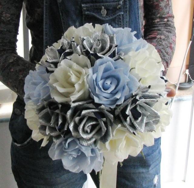 wedding photo - Sea wedding, Bridal bouquet luxury Silver rose, Ivory, Light blue, Silver&navy paper flowers Large Romantic alternative paper bouquet