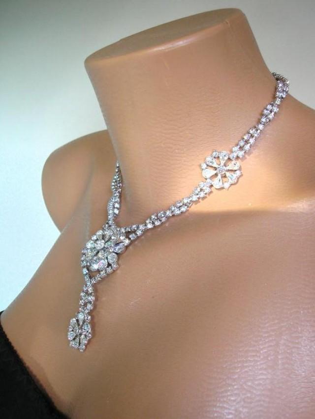 wedding photo - Crystal Bridal Necklace, Statement Necklace, Rhinestone Bib, Prom Jewelry, Art Deco, Rhinestone Necklace, Gatsby Jewelry, 1950s Jewelry