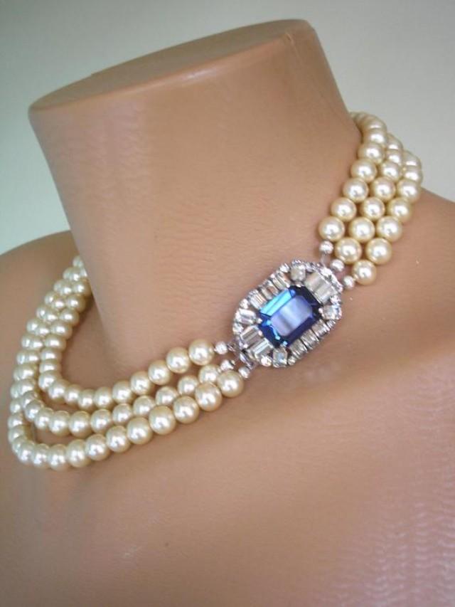 wedding photo - Montana Sapphire and Pearl Necklace, Vintage Pearl Choker, Great Gatsby, Statement Necklace, Wedding Necklace, Bridal Jewelry, Art Deco