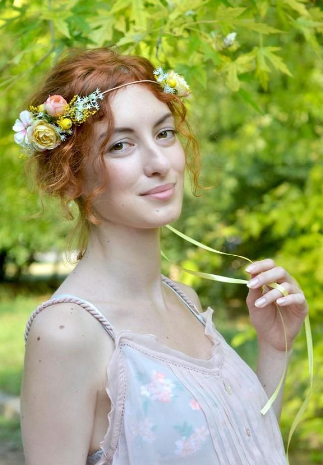wedding photo - Flower girl Yellow floral crown Elven girl halo Wildflowers wreath hair Yellow flower crown Bride hair piece Ready to ship crown