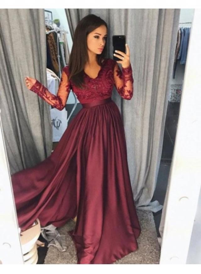 Weinrot Abendkleider Lang Günstig Spitze Abendmoden Mit Ärmel Modellnummer:  LU01 BA7496 #2901205 - Weddbook