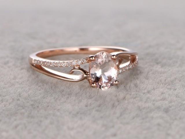 wedding photo - 6x8mm Oval Morganite Engagement Ring Diamond Wedding Ring 14k Rose Gold Simple Split Shank