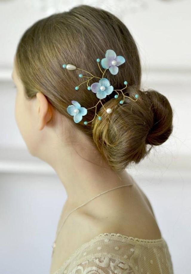 wedding photo - Bridal blue hydrangea pin hair vine Wedding blue hair piece hydrangea pearl head back pin Wedding blue jewelry hair vine