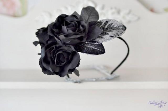 wedding photo - Black crown flowers tiara Black roses headpiece Fairy Black Queen Festive hair accessory Bohemian crown Dark Queen