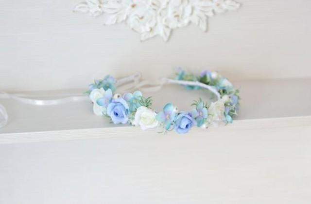 wedding photo - Blue flower girl crown Roses headband Wedding flower crown Blue floral crown Bridesmaids headpiece Blue white flower crown