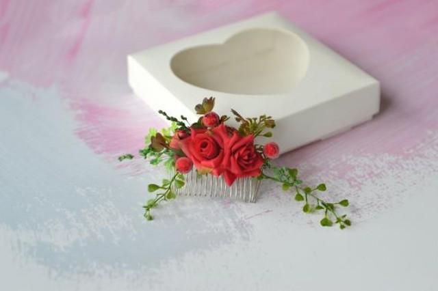 wedding photo - Red roses hair comb Succulent flower comb Red headpiece Bridesmaid hair comb Wedding flower hair accessories Bride hair clip