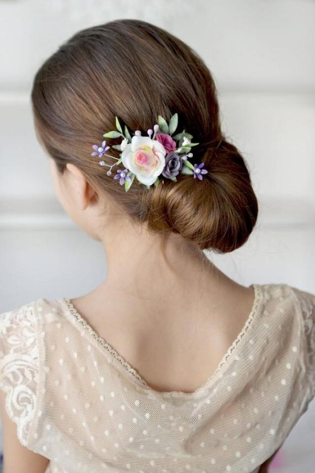 wedding photo - White purple flower hair clip Rose head piece clip Bridal floral accessory Bridesmaids hair clips Wedding floral clip Flower hair piece