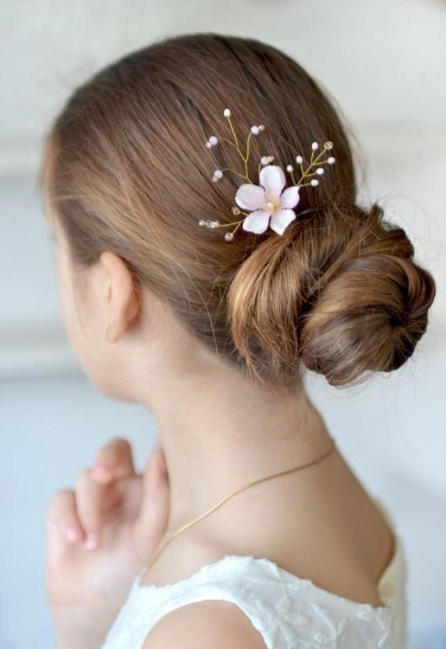 wedding photo - Blush pink flower hair pin Wedding hair accessories Floral hair pins Bridal headpiece Cherry blossom hair pin crystals hair piece