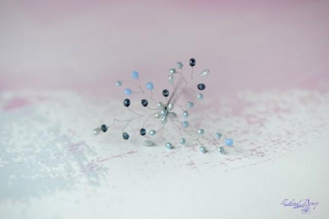 wedding photo - Gray blue crystal hair pin Serenity hair vine Crystals head piece Blue wedding hair pin gray hairpiece Bride