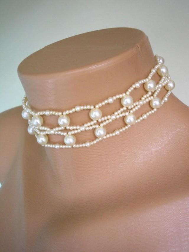 wedding photo - Woven Pearl Choker, Cream Pearls, Pearl Choker Necklace, Bridal Jewelry, Vintage Pearls, Wedding Choker, 1950s Jewelry, Womens Choker