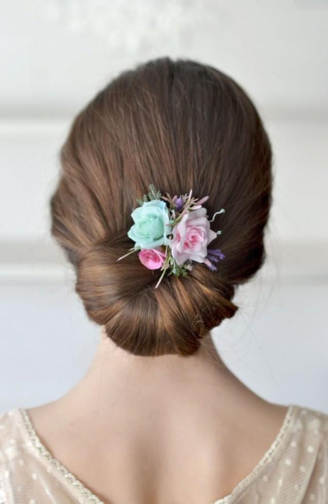 wedding photo - Bridal flower hair clip Pink mint hair clip Floral head piece Wedding mint flower hair piece Pink rose hair clip Bridesmaids