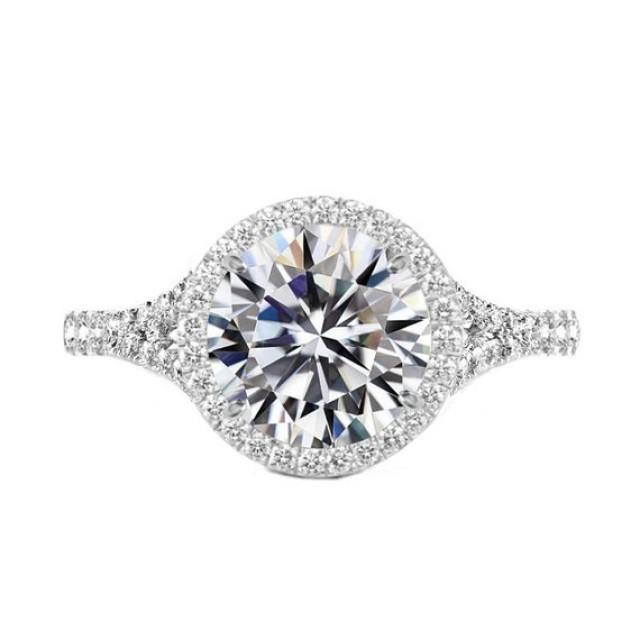 wedding photo - 5 Carat Round Moissanite & Diamond Halo Split Shank Engagement Ring 14k White Gold, 11mm Moissanite Engagement Ring, Raven Fine Jewelers