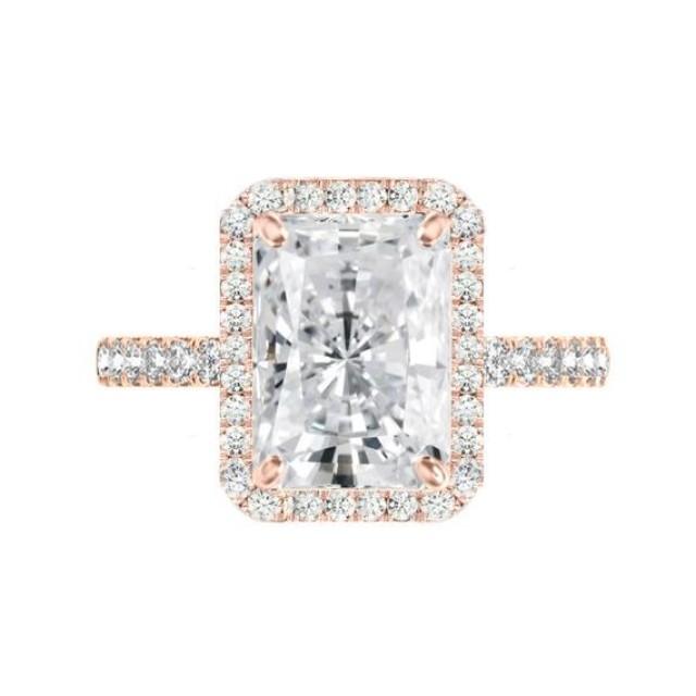 wedding photo - 5 Carat Radiant Crushed Ice Moissanite & Diamond Halo Engagement Ring, 11x9mm Moissanite Engagement Ring, Raven Fine Jewelers