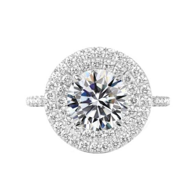 wedding photo - 6 Carat Round Moissanite & Diamond Double Halo Engagement Ring 14k White Gold, 12mm Moissanite Engagement Ring, Raven Fine Jewelers