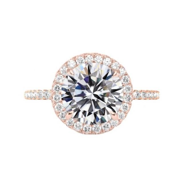 wedding photo - 5 Carat Round Moissanite & Diamond Halo Engagement Ring 14k Rose Gold 11mm, Moissanite Engagement Ring, Handmade Rings