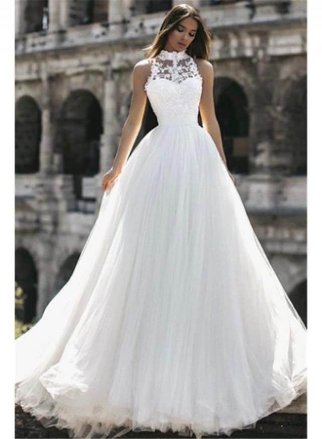 wedding photo - Pure White Hign Neck Sleeveless A-Line Wedding Dresses 