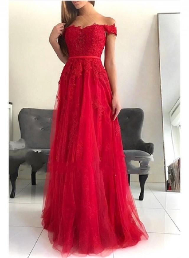 wedding photo - 2019 Red Floor-Length Tulle Off-The-Shoulder Prom Dresses 