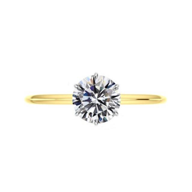 wedding photo - 2 Carat Round Moissanite Six Prong Knife Edge Solitaire 14k Yellow & White Gold, 8mm Moissanite Engagement Rings, Raven Fine Jewelers