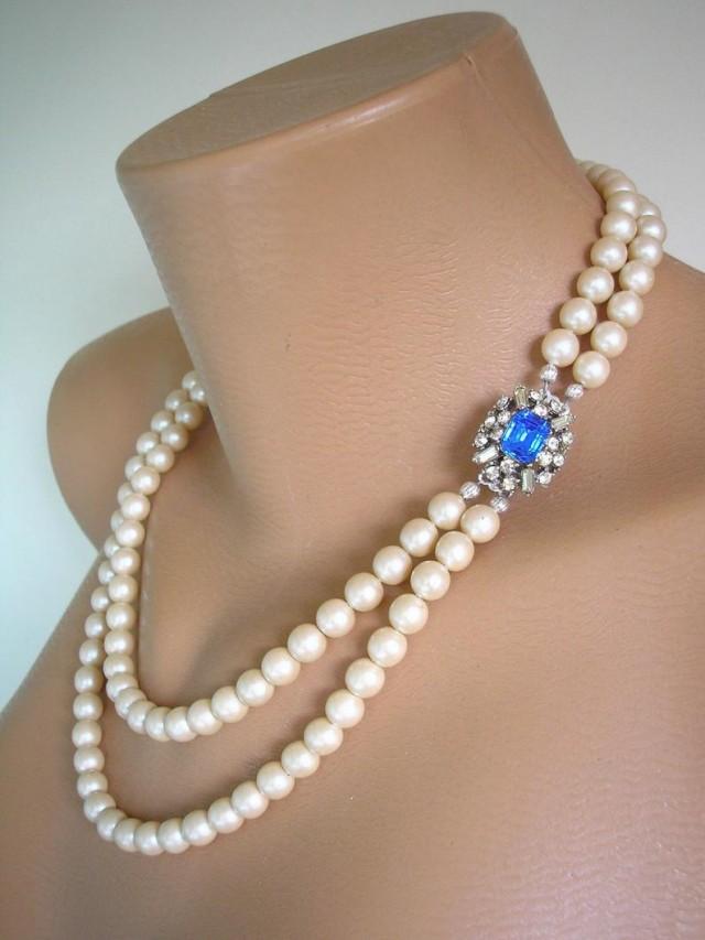 wedding photo - Vintage Pearls With Sapphire Rhinestone Clasp, Long Pearl Necklace, Pearl Bridals, Blue Bridal Jewelry, Cobalt Rhinestone, Gatsby, Art Deco