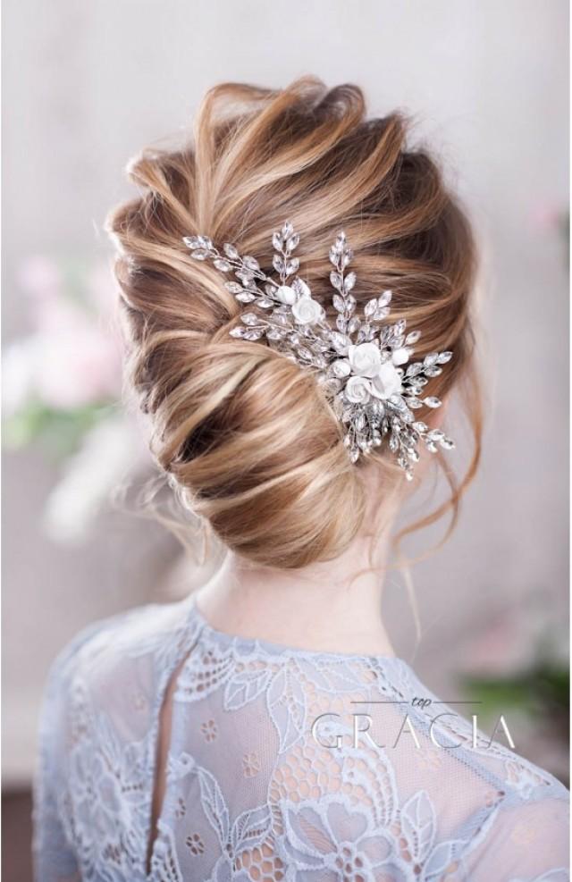 wedding photo - ZENOBIA Bridal and Wedding Hair Comb with Rose Flowers and Crystals by TopGracia