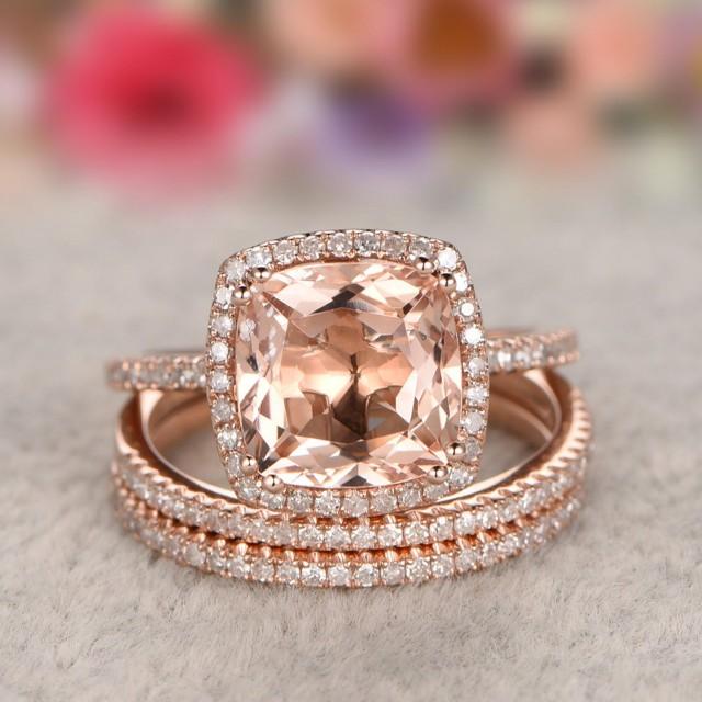 wedding photo - Solid 14k Gold Ring,3pc 8x8mm Morganite Engagement Ring Set Rose gold,Diamond Wedding Band,Gemstone Promise Bridal Ring,Halo,Prongs