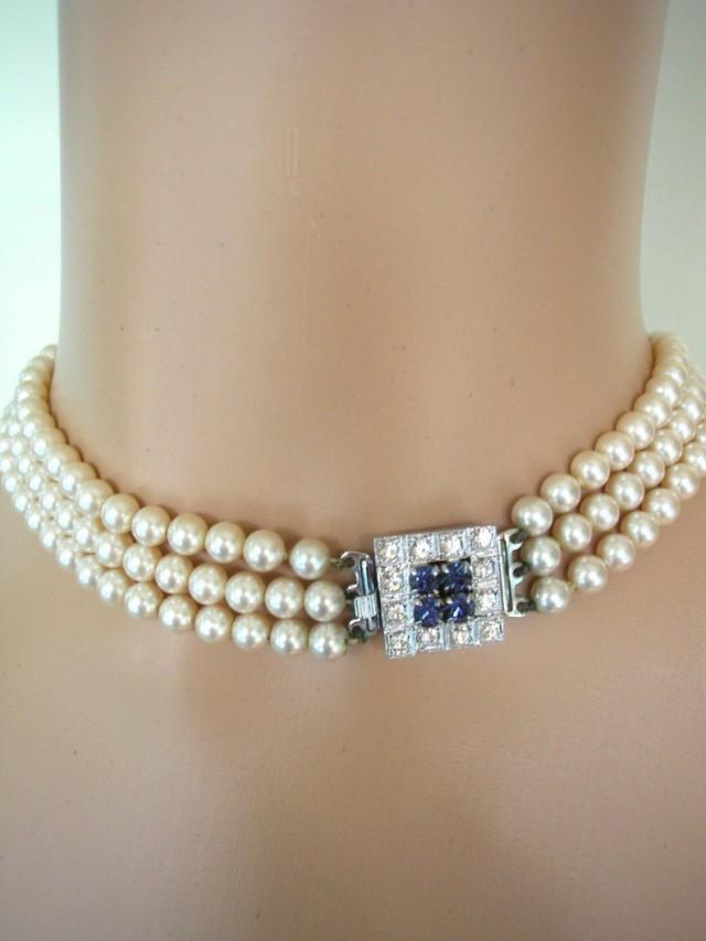 wedding photo - Vintage Pearl Choker, Bridal Pearls, Montana Rhinestone, 3 Strand, Indian Pearl Necklace, Cream Pearls, Gatsby Jewelry, Deco Style, Prom