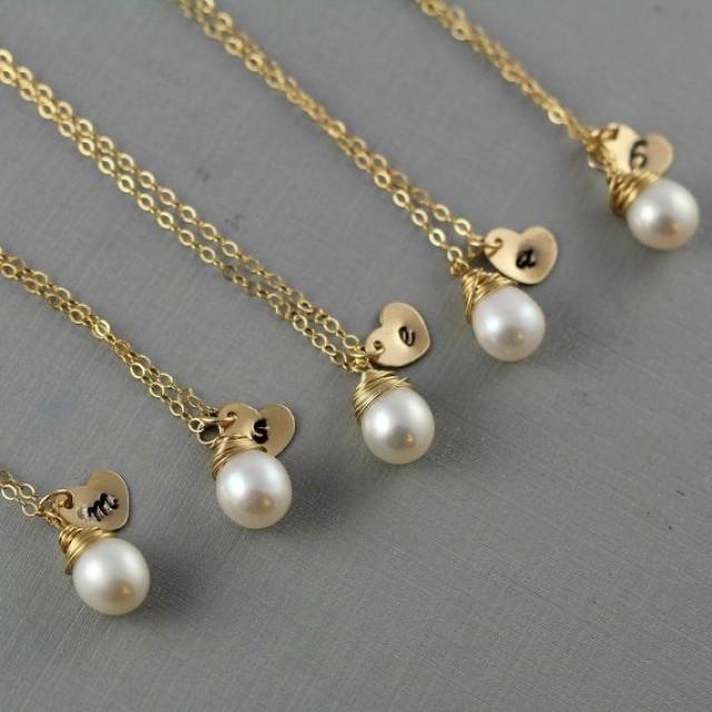 Perfect Bridesmaids' Gifts!  Personalized Initial Heart Charms With Freshwater Pearls On Gold Chains 