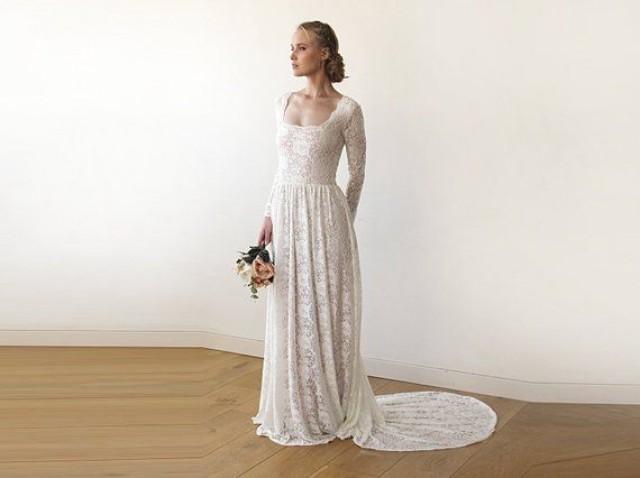Square Neckline Vintage Inspired Wedding Dress, Pearl Color Lace Of Roses Long Sleeves Dress, Rustic Wedding Dress 1207